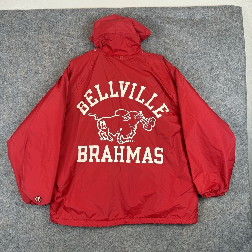 Vintage Champion Coach Jacket Mens XL Red Bellville Brahmas Sherpa Lined 80s USA
